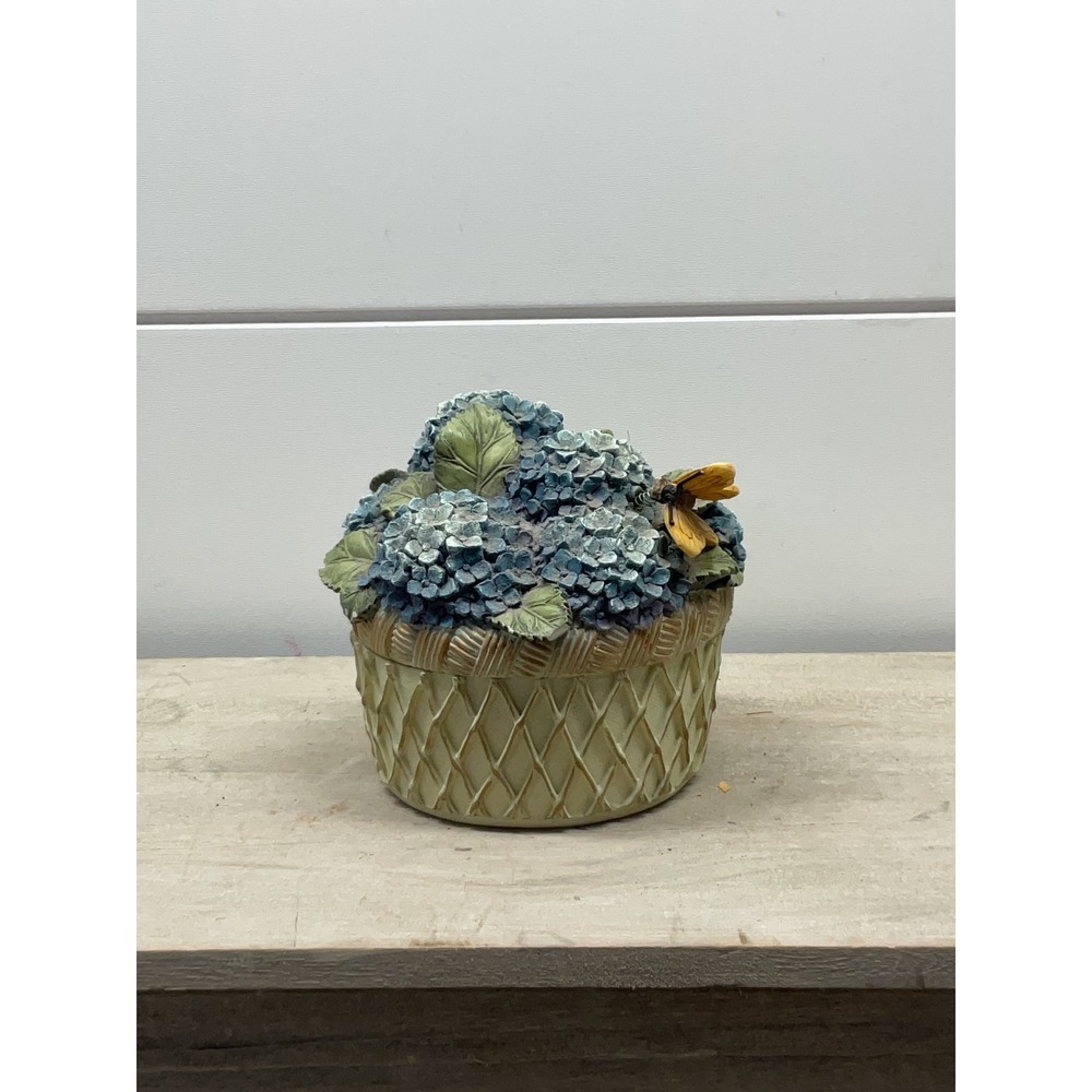 Blue Hydrangea Flower Basket Trinket Box with Yellow Butterfly Resin Decor